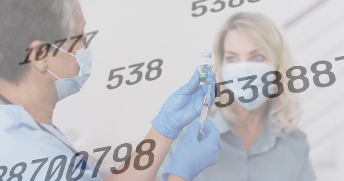 Image of rising numbers with doctor preapring vaccination for female patient