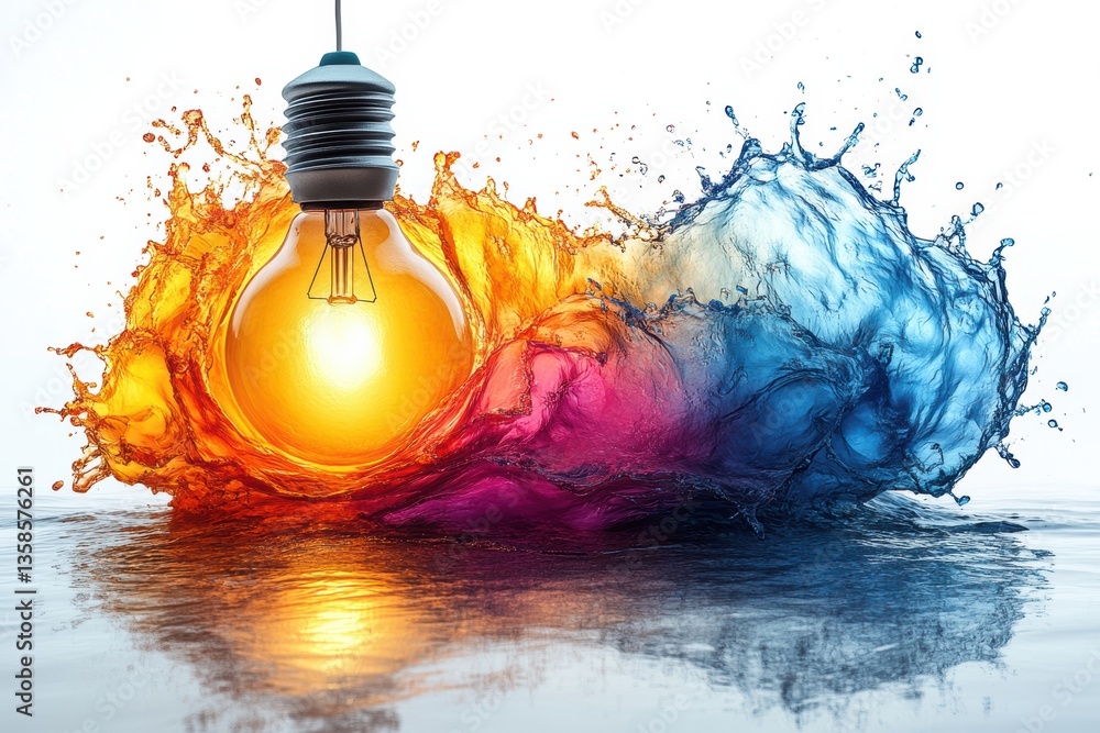 Poster a stunning visual of a light bulb surrounded by vibrant splashes of color, symbolizing creativity an