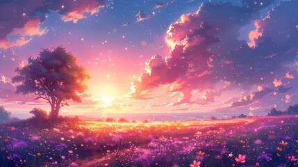 Naklejka premium Sunset Meadow: A serene landscape of a meadow filled with flowers under the warm glow of sunset, featuring a lone tree as a focal point and dreamy sky above. 