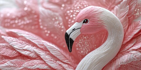 Fototapeta premium Embroidery of an elegant flamingo profile with pink feathers on soft floral background for embroidery,textile art,bird illustrations,tropical themes and elegant crafts websites and blogs.
