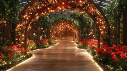 Fototapeta premium Illuminated rose garden pathway, romantic event, floral arches, nighttime