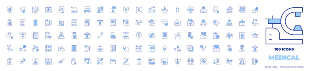 100 Medical Icons Collection. Line Duotone style, editable stroke. drug, medicine, tomography, holter, tooth, x rays, medical lab, medical file, medical history, mri