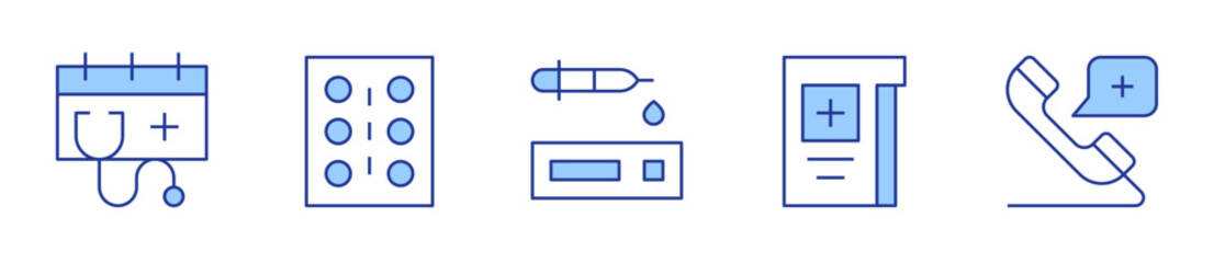 medical care, medication, medical test, medical report, emergency call. Medical Icon vector illustration. Line Duotone style. Editable stroke