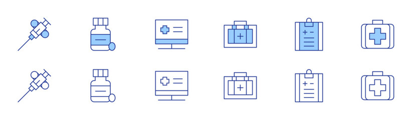 Medical icon set in two styles, Duotone and Thin Line style. Editable stroke. biopsy, medication, medical kit, medical report, first aid kit, hospital