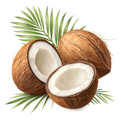 Realistic Image of Two Coconuts – One Whole and One Half, Naturally Positioned with Detailed Texture and Organic Brown Shell
