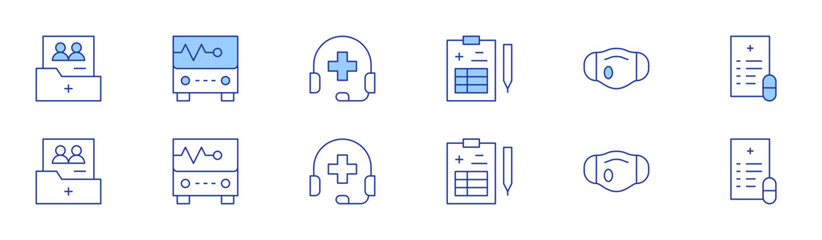 Medical icon set in two styles, Duotone and Thin Line style. Editable stroke. medical check, medical mask, medical prescription, patient, cardiogram, phone call