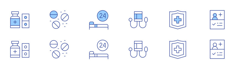 Obraz premium Medical icon set in two styles, Duotone and Thin Line style. Editable stroke. medicine, pills, sphygmomanometer, bed, medical, medical history