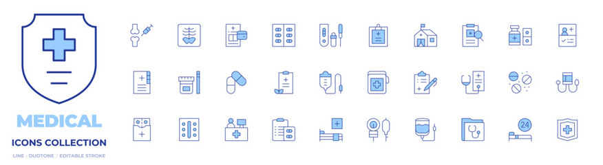 Medical icons collection. Line Duotone style, editable stroke. injection, rapid test, medicine, medical, hospital bed, pills, sphygmomanometer, bed, medication