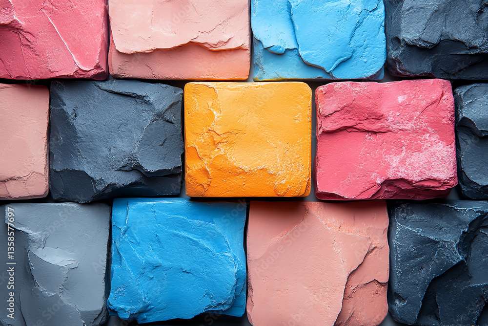 Poster a vibrant assortment of colorful textured blocks arranged creatively, perfect for backgrounds or art