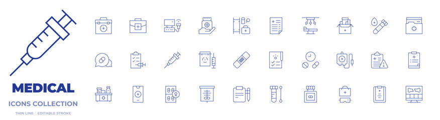 Medical icons collection. Thin Line icons, editable stroke. medicine, ultrasonography, operating room, injection, blood donation, x rays, medical, x ray
