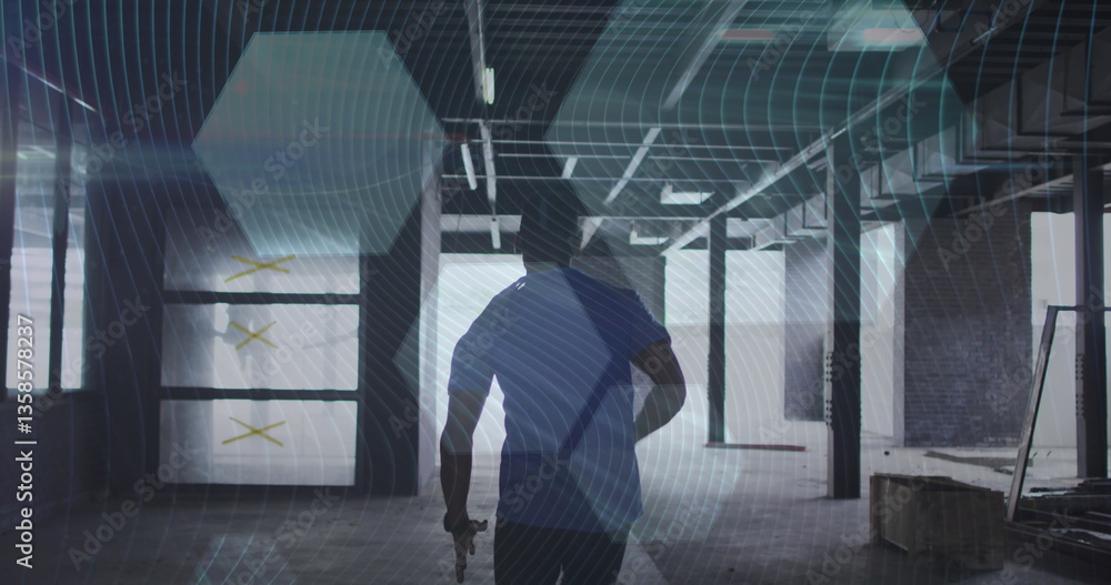 Aufkleber digital composite image of hexagonal shapes against rear view of african american man running