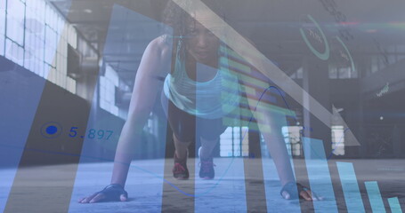 Statistical data processing against african american woman performing pushup exercise