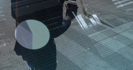 Image of graphs and statistics over a person crossing the street