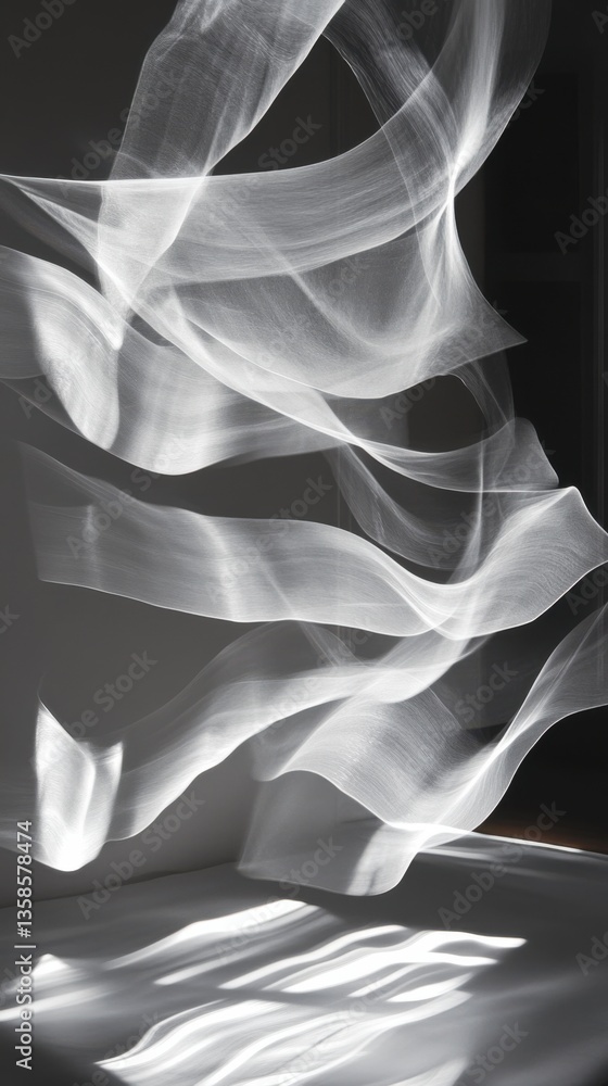 Poster flowing light beams creating abstract shapes, light beams forming abstract designs. vertical