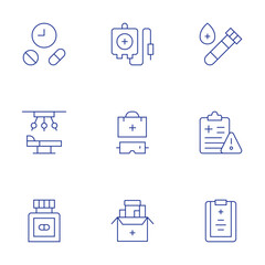 Medical icons set. Thin Line style, editable stroke. medicine, operating room, blood donation, medical services, medications, blood test