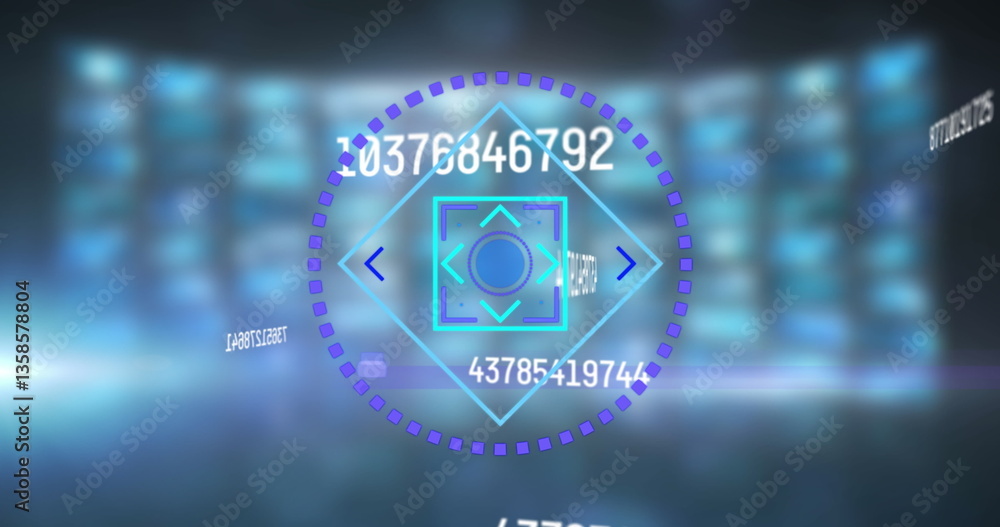 Poster image of circular scope and rising numbers with composite screens behind