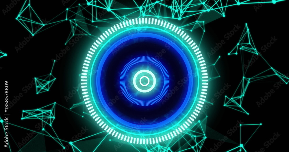 Poster image of digital interface showing circular scope scanning with network of connections