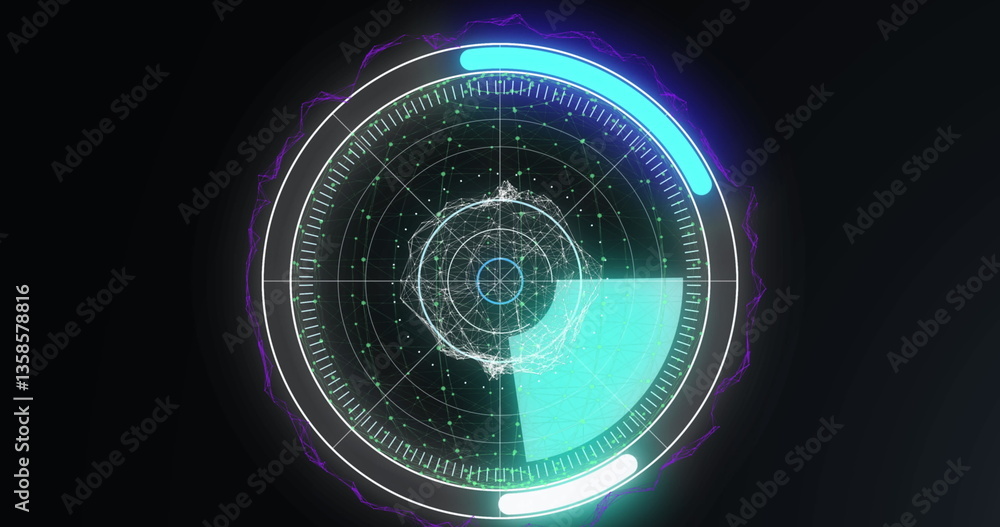 Poster image of circular scope scanning with 3d shape and network of points on black
