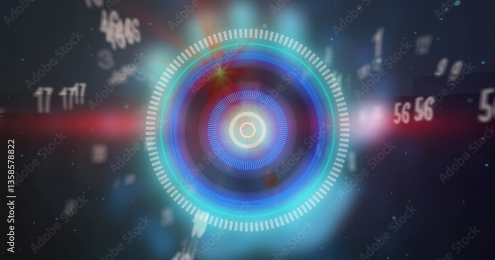 Poster image of blue circular scope scanning with falling numbers and red light on black