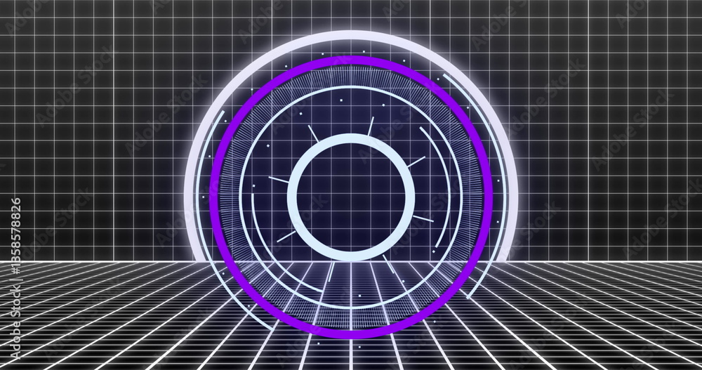Poster image of digital interface showing circular scope scanning with white grid