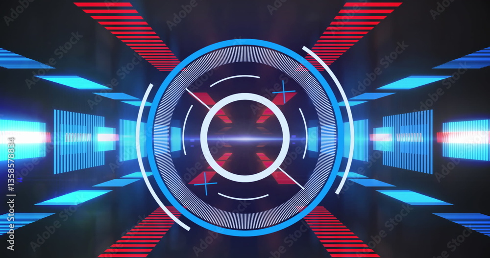 Poster image of digital interface showing circular scope scanning and blue and red lights on black