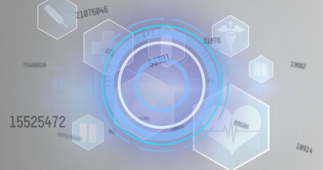 Image of blue circular scope scanning with rising numbers and medical icons behind on grey