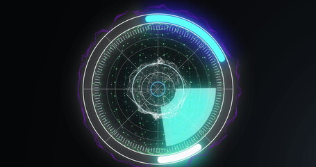 Image of circular scope scanning with 3d shape and network of points on black