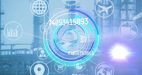 Image of circular scope with rising numbers connected business icons and factory behind