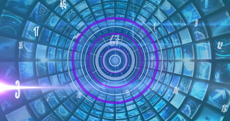 Image of falling numbers circular scope scanning and blue composite screens