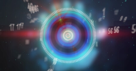 Image of blue circular scope scanning with falling numbers and red light on black
