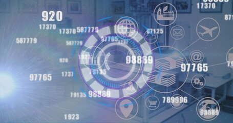 Image of digital interface with moving numbers a circular scope and a network of connected icons