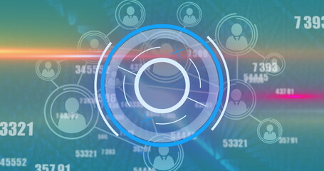 Image of moving numbers a circular scope and a network of connected people icons
