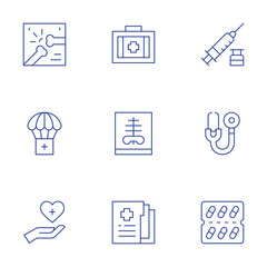 Medical icons set. Thin Line style, editable stroke. syringe, stethoscope, pills, medical kit, x ray, medical report, bone, supplies, therapy