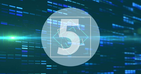 Image of number countdown from 10 to 1 in circle and blue lights on a black background