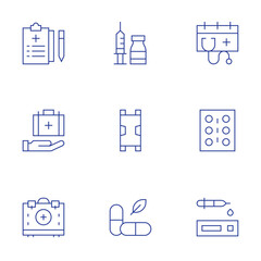 Medical icons set. Thin Line style, editable stroke. vaccine, stretcher, pills, medical care, medication, medical test, medical history