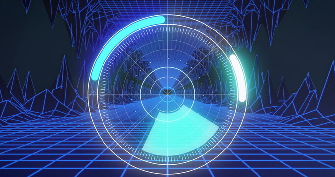 Image of circular scope scanning with blue grid and topography on black
