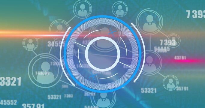 Image of moving numbers a circular scope and a network of connected people icons - Powered by Adobe