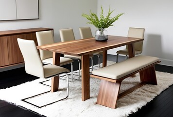 Modern Wooden Dining Table with Upholstered Chairs & Bench – Luxury Interior