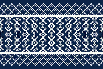 Geometric Patterns in Blue Shades, Traditional Cross-Stitch and Pixel Art Style, Decorative Textile Background for Fabric,Cloth,Dress,Carpet, Wallpaper, Scrapbooking,and Digital Design