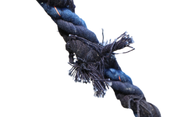 Frayed Blue Rope Close-Up on Isolated White Background – Worn and Damaged Fiber Texture.PNG File