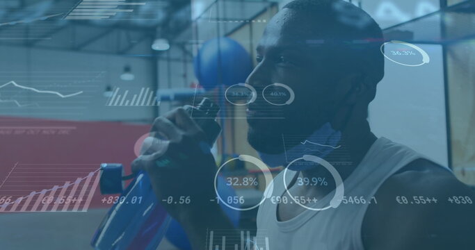 Image of statistics recording over man in face mask drinking water taking break in exercising