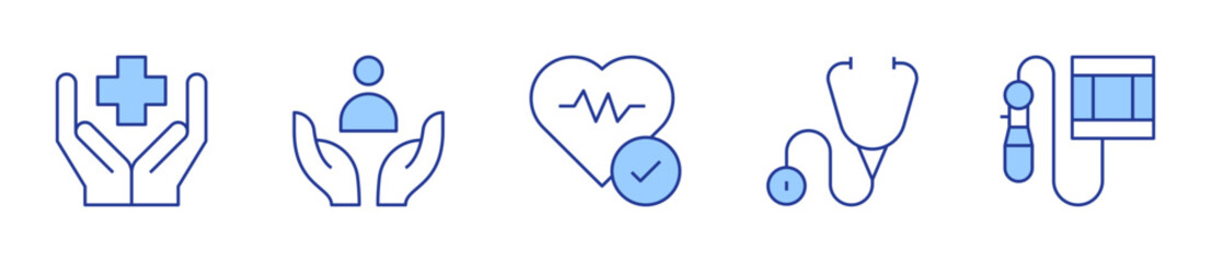 tensiometer, care, benefits, healthcare, stethoscope. Medical Icon vector illustration. Line Duotone style. Editable stroke