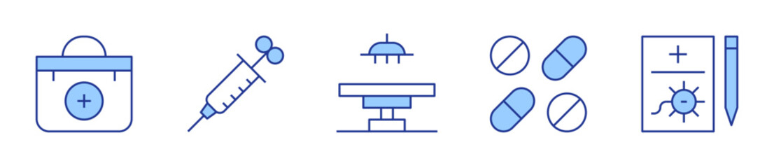 syringe, surgery room, pills, medical report, medical kit. Medical Icon vector illustration. Line Duotone style. Editable stroke