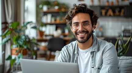 Fototapeta premium Cheerful at Home: A young man with a warm smile and spectacles working from home on his laptop. Captured in a moment of focused productivity and relaxed comfort.
