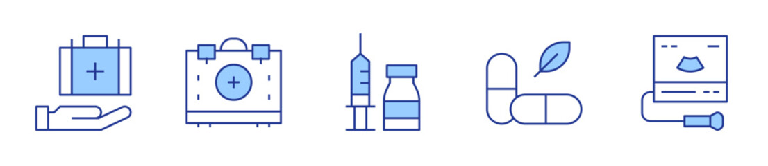 vaccine, pills, sonography, medical box, medical kit. Medical Icon vector illustration. Line Duotone style. Editable stroke