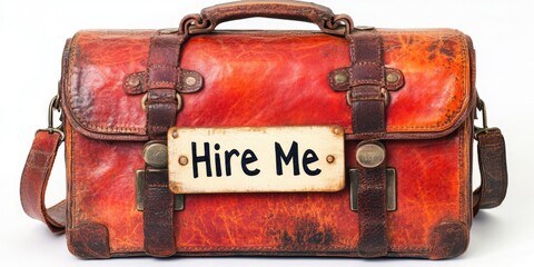 Attached to the vintage leather briefcase is a “Hire Me” card that speaks of professionalism and job search for career advice blogs,job search sites or social media posts about job opportunities
