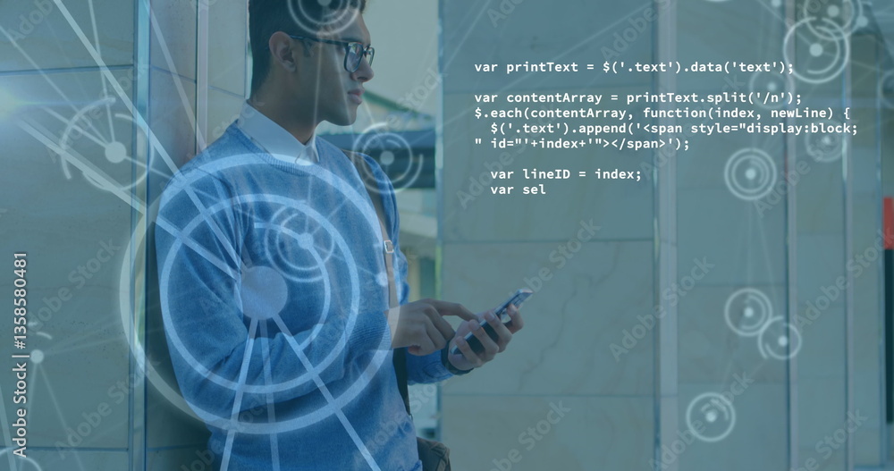 Poster image of data processing, scope scanning over man using smartphone