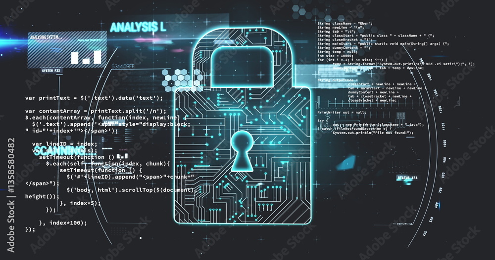 Poster image of online security padlock over data processing and scope scanning