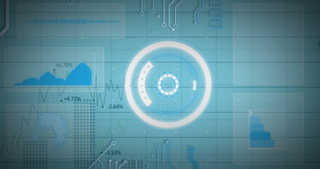 Image of scope scanning, data processing and numbers changing on blue background
