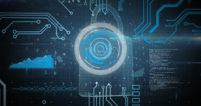 Image of scope scanning, data processing and online digital padlock with circuit board elements